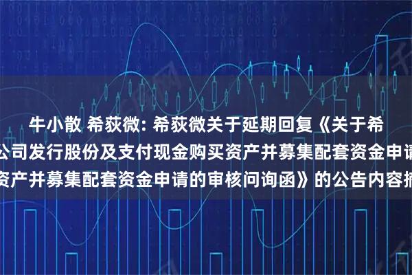 牛小散 希荻微: 希荻微关于延期回复《关于希荻微电子集团股份有限公司发行股份及支付现金购买资产并募集配套资金申请的审核问询函》的公告内容摘要